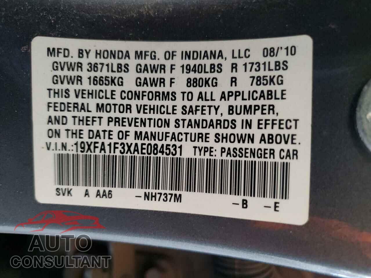 HONDA CIVIC 2010 - 19XFA1F3XAE084531
