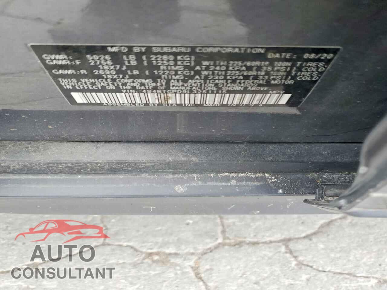 SUBARU OUTBACK 2020 - 4S4BTGPD9L3251115