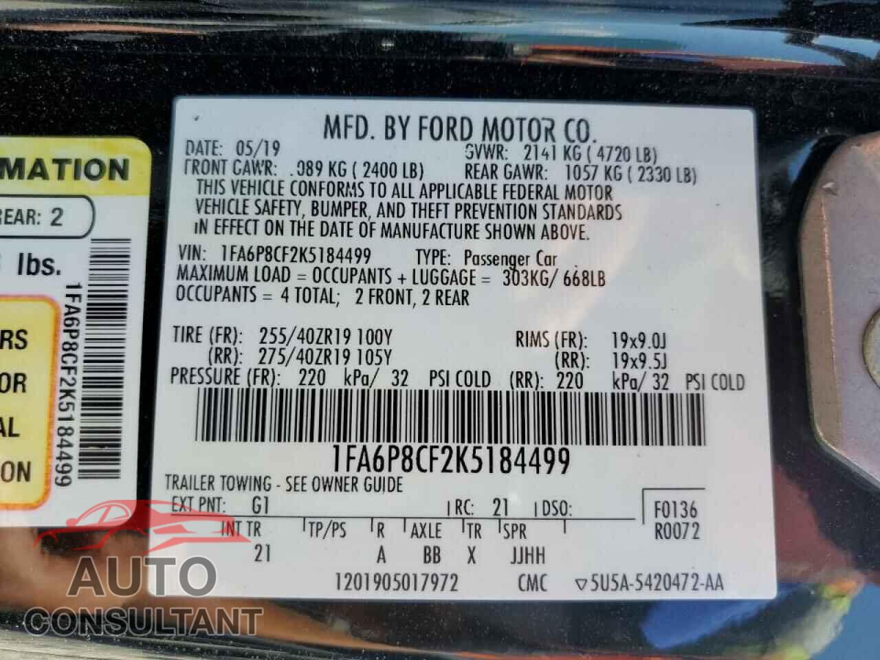 FORD MUSTANG 2019 - 1FA6P8CF2K5184499