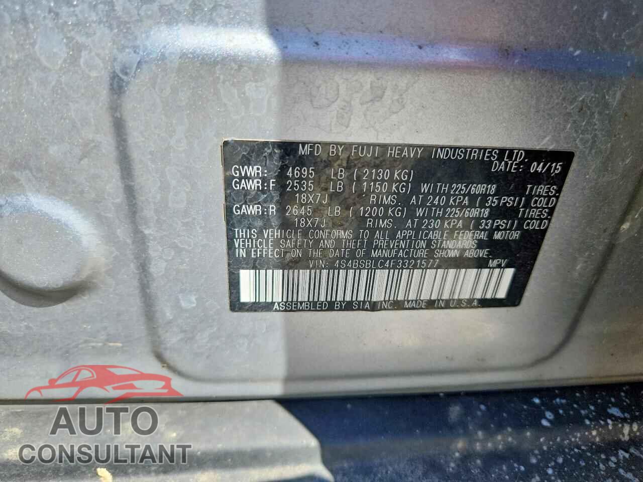 SUBARU OUTBACK 2015 - 4S4BSBLC4F3321577
