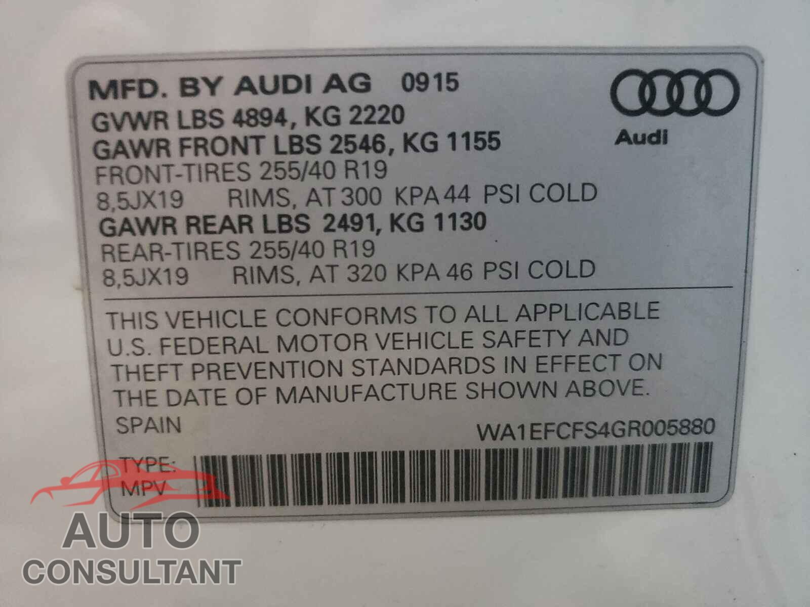 AUDI Q3 2016 - WA1EFCFS4GR005880