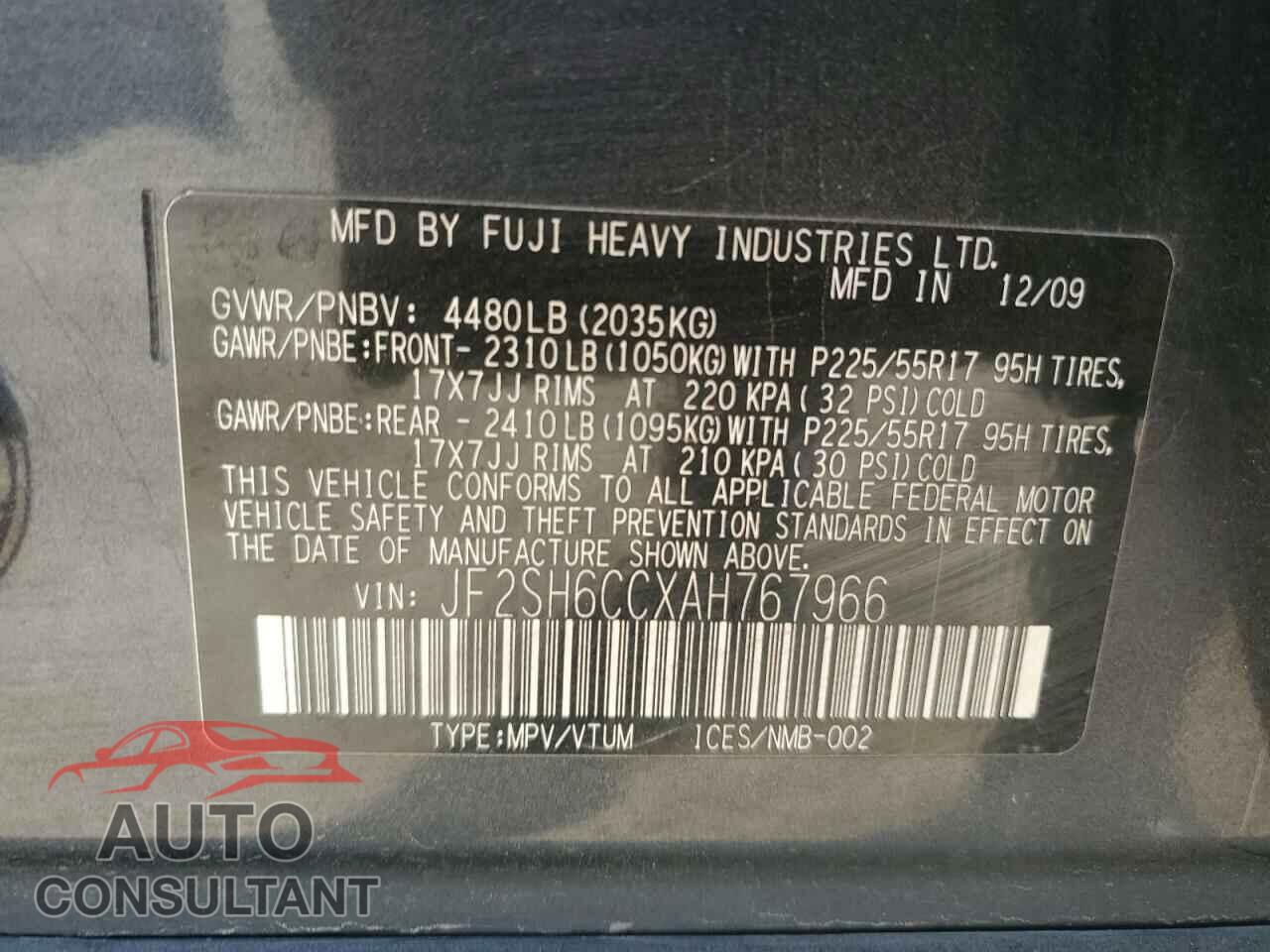 SUBARU FORESTER 2010 - JF2SH6CCXAH767966