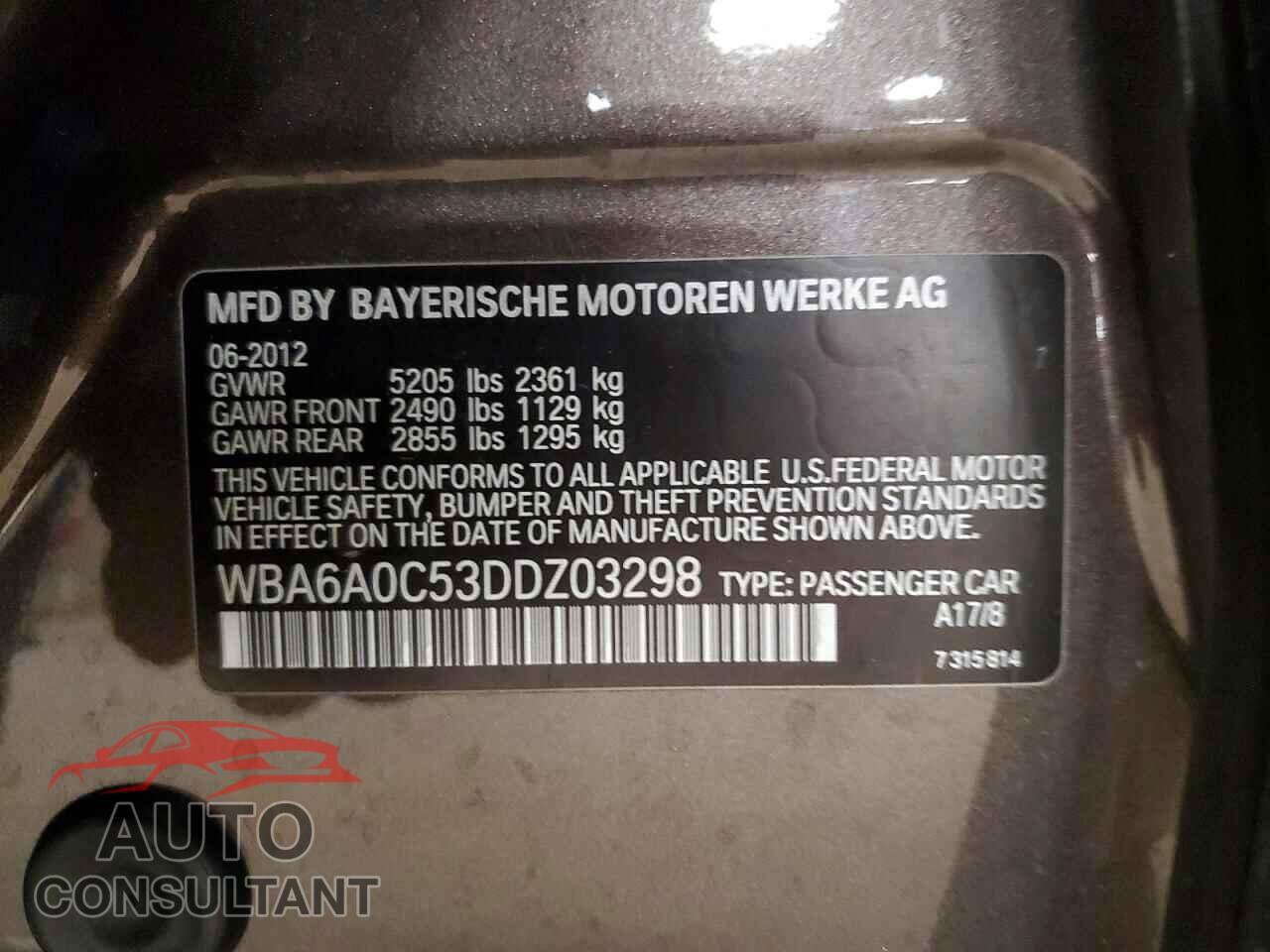 BMW 6 SERIES 2013 - WBA6A0C53DDZ03298