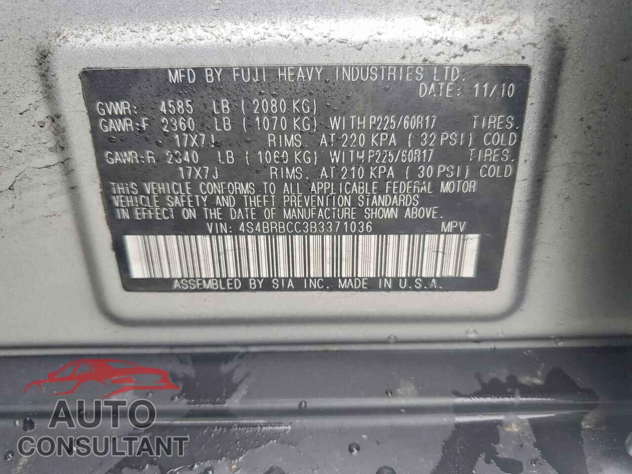 SUBARU OUTBACK 2011 - 4S4BRBCC3B3371036