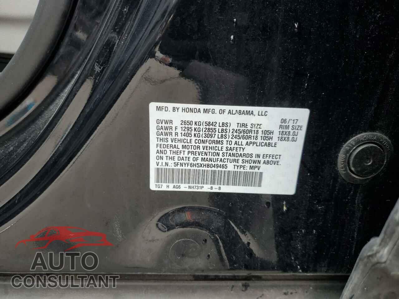 HONDA PILOT 2017 - 5FNYF6H5XHB049465