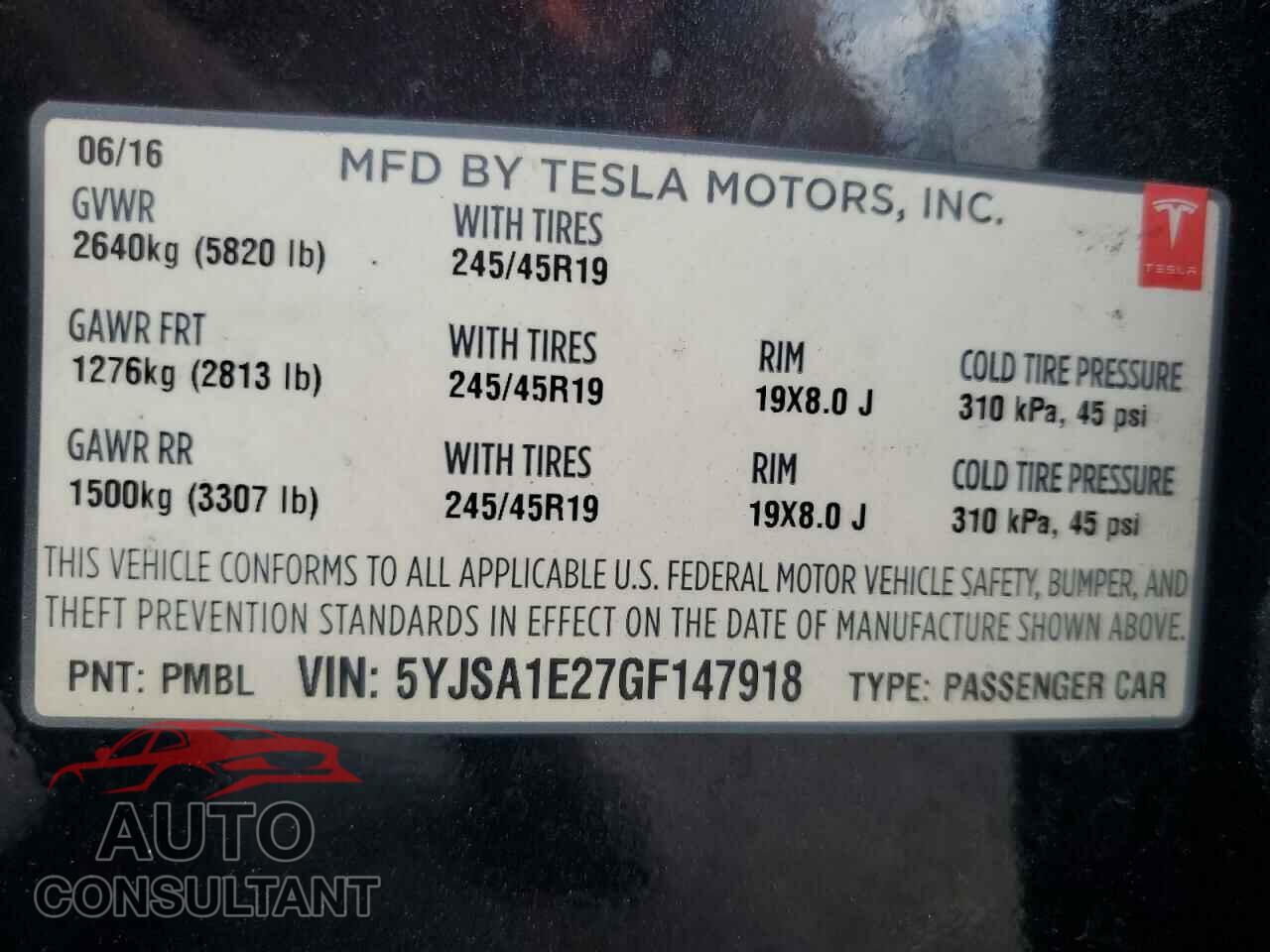 TESLA MODEL S 2016 - 5YJSA1E27GF147918