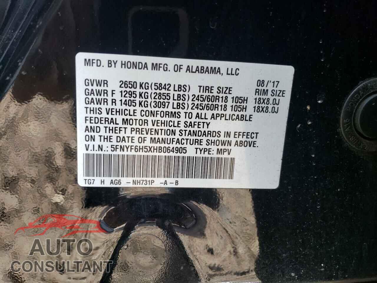 HONDA PILOT 2017 - 5FNYF6H5XHB064905