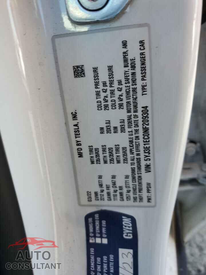 TESLA MODEL 3 2022 - 5YJ3E1EC0NF209304