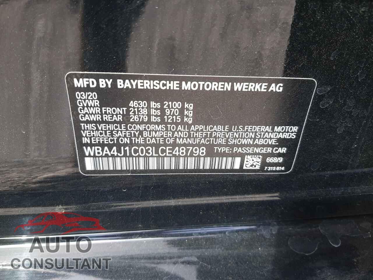 BMW 4 SERIES 2020 - WBA4J1C03LCE48798