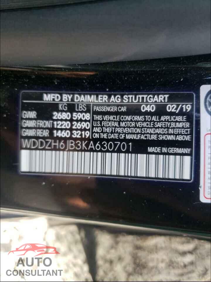 MERCEDES-BENZ E CLASS 2019 - WDDZH6JB3KA630701