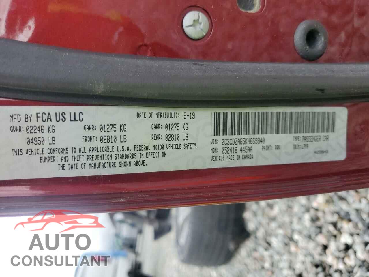 DODGE CHALLENGER 2019 - 2C3CDZAG5KH669840