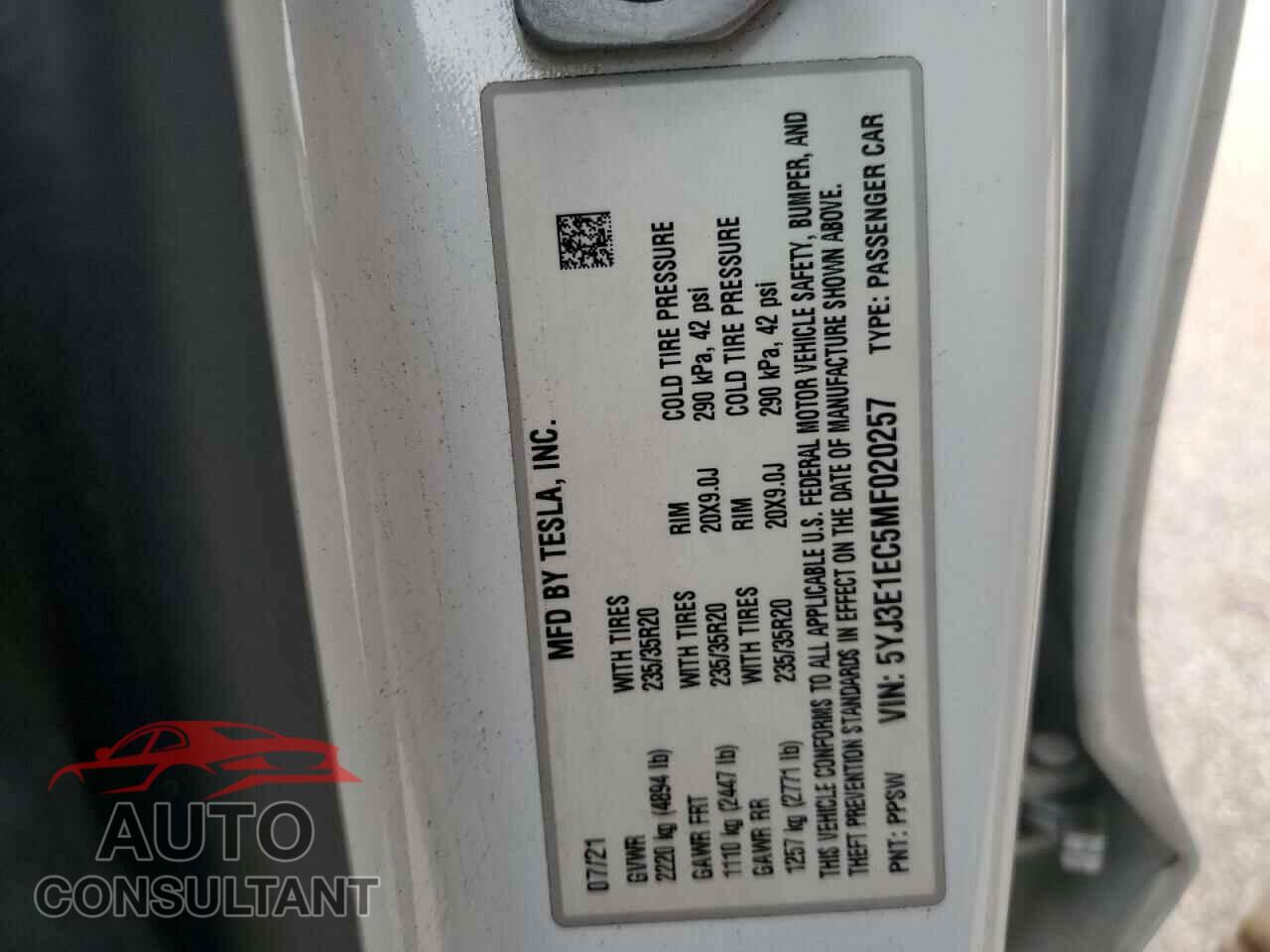 TESLA MODEL 3 2021 - 5YJ3E1EC5MF020257