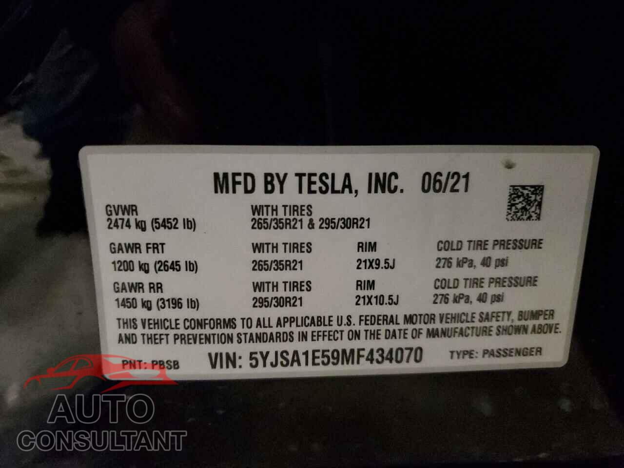 TESLA MODEL S 2021 - 5YJSA1E59MF434070