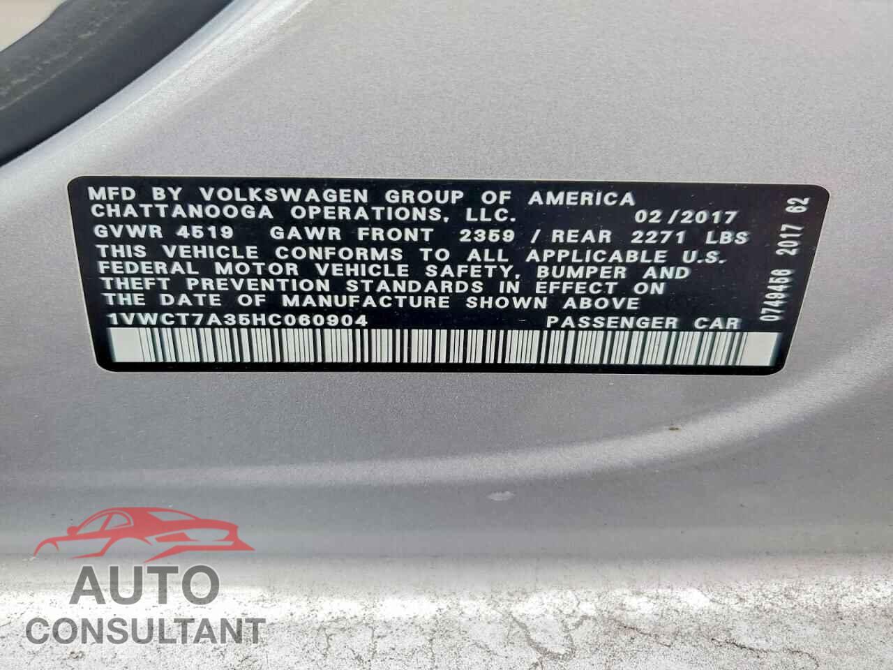 VOLKSWAGEN PASSAT 2017 - 1VWCT7A35HC060904