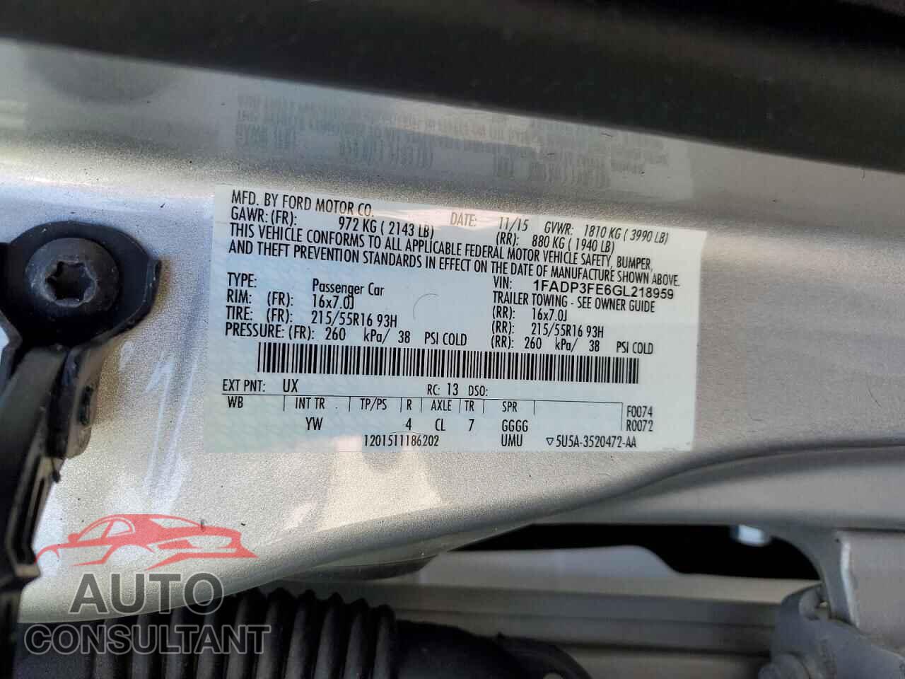 FORD FOCUS 2016 - 1FADP3FE6GL218959