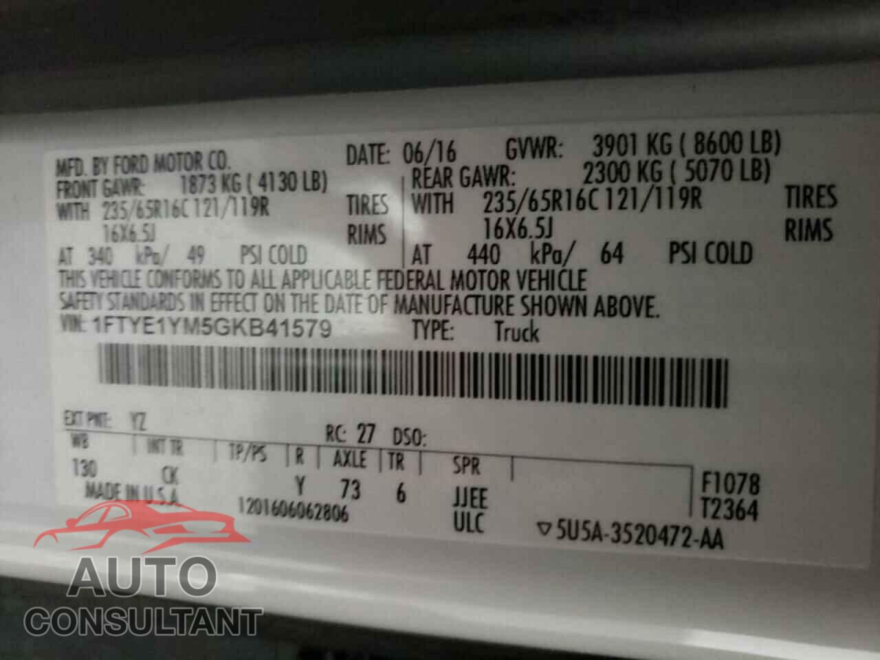 FORD TRANSIT CO 2016 - 1FTYE1YM5GKB41579