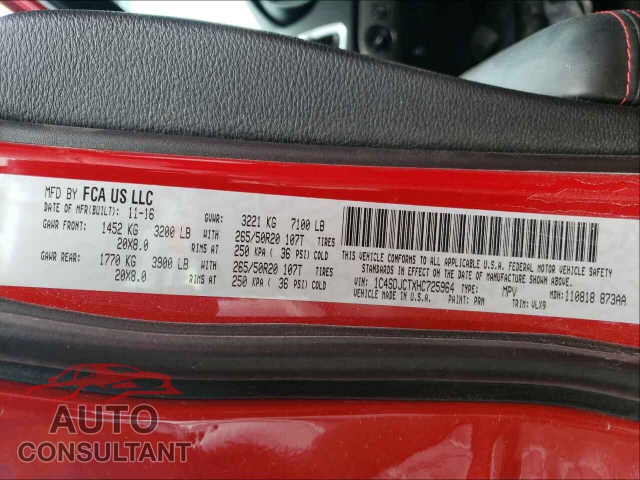 DODGE DURANGO 2017 - 1C4SDJCTXHC725964