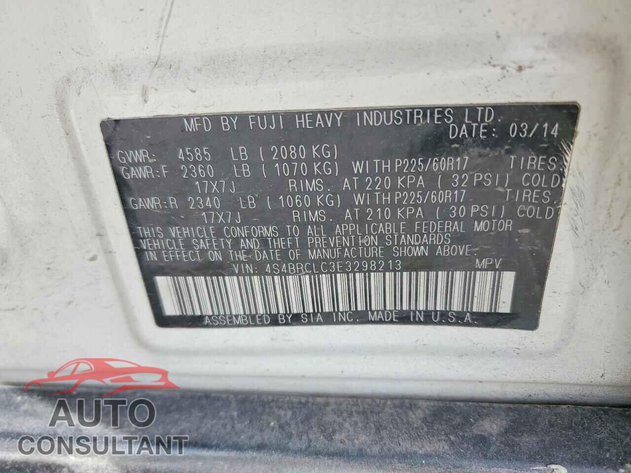 SUBARU OUTBACK 2014 - 4S4BRCLC3E3298213