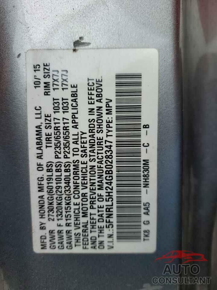 HONDA All Models 2016 - 5FNRL5H24GB028347