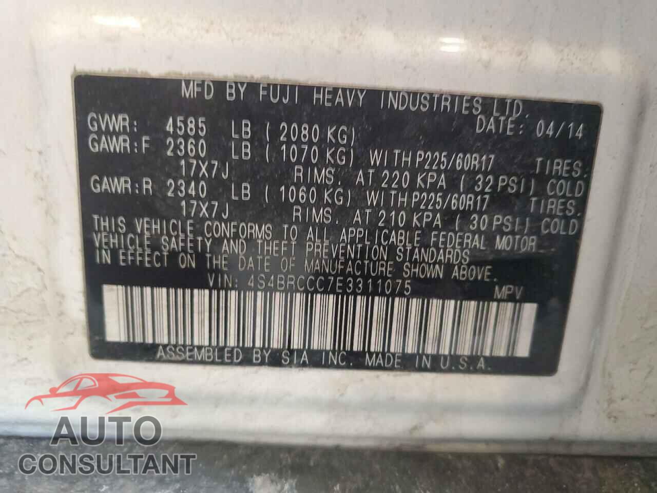 SUBARU OUTBACK 2014 - 4S4BRCCC7E3311075
