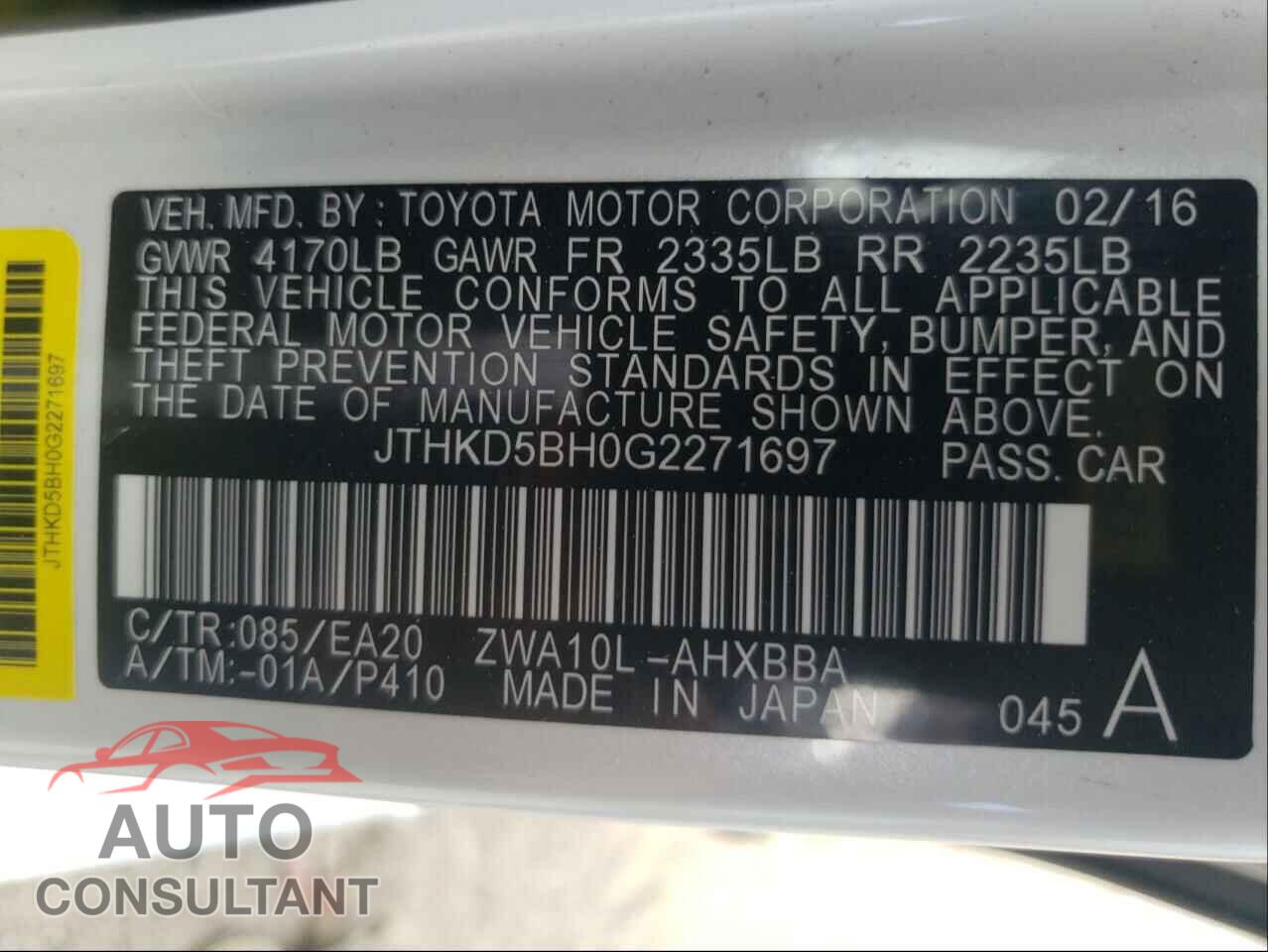 LEXUS CT 200 2016 - JTHKD5BH0G2271697