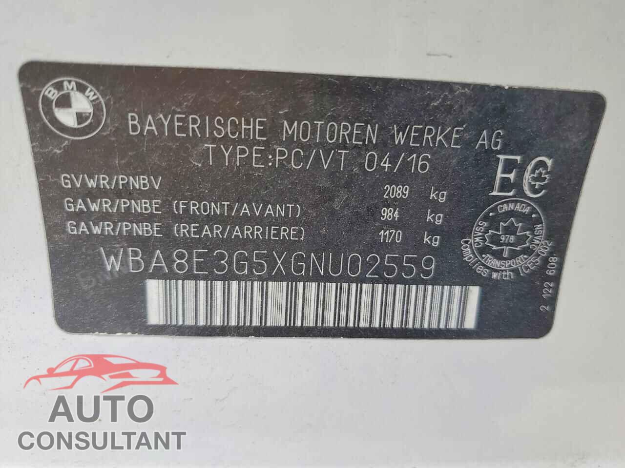 BMW 3 SERIES 2016 - WBA8E3G5XGNU02559