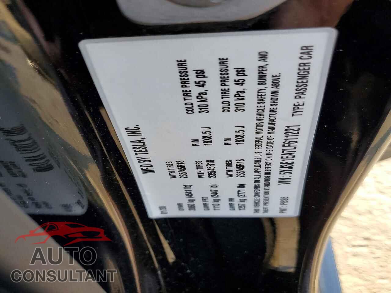 TESLA MODEL 3 2020 - 5YJ3E1EA7LF611221