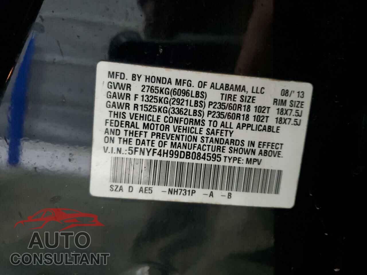 HONDA PILOT 2013 - 5FNYF4H99DB084595
