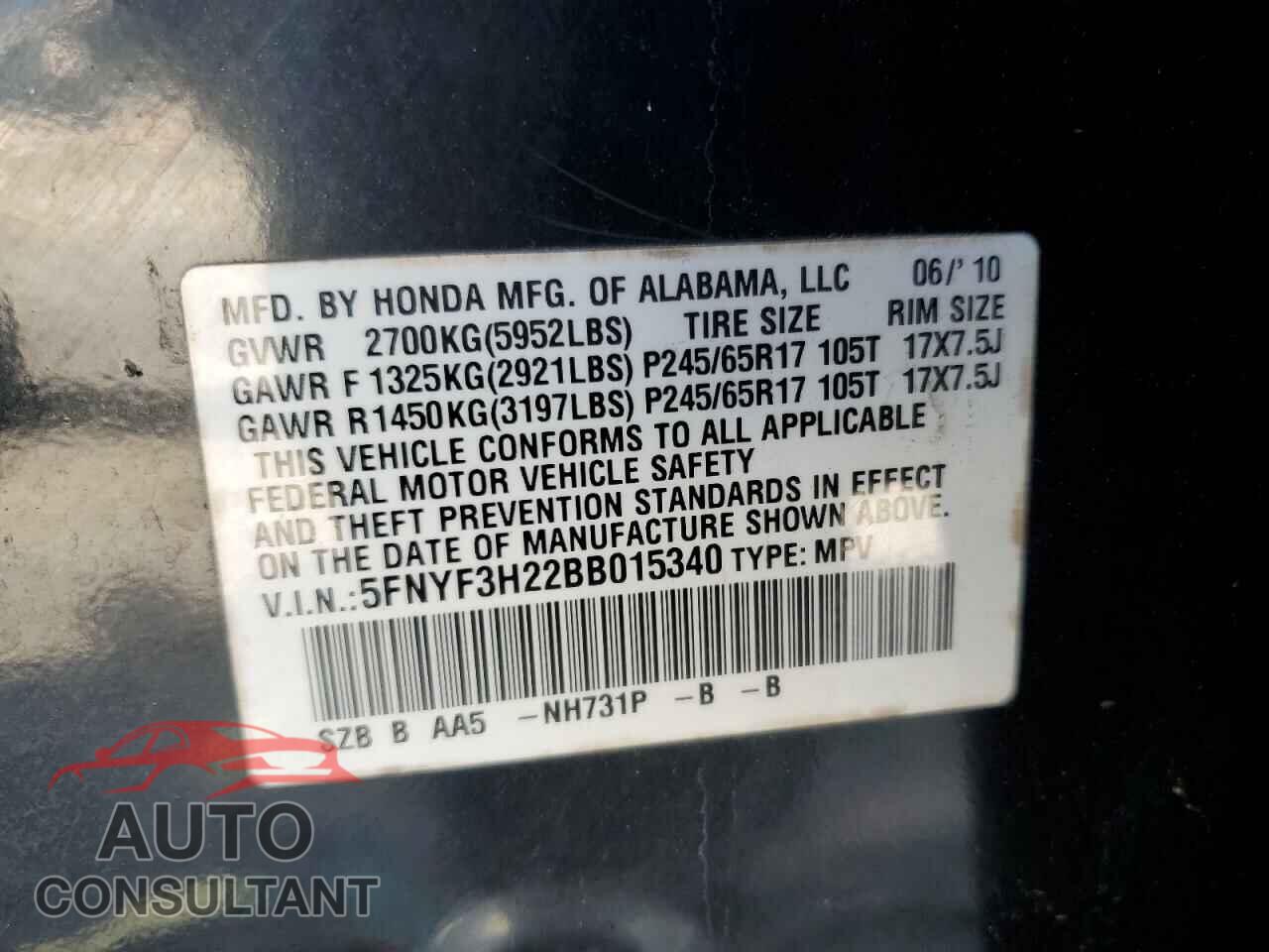 HONDA PILOT 2011 - 5FNYF3H22BB015340