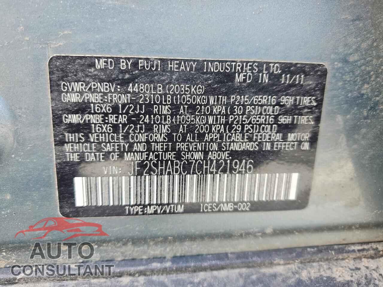 SUBARU FORESTER 2012 - JF2SHABC7CH421946