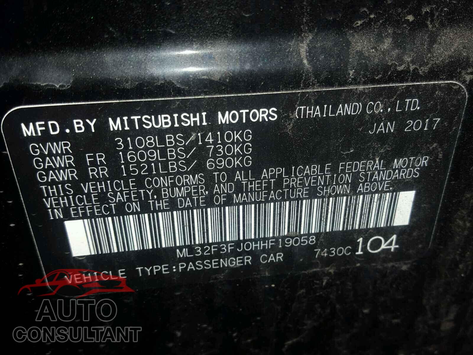 MITSUBISHI MIRAGE 2017 - ML32F3FJ0HHF19058