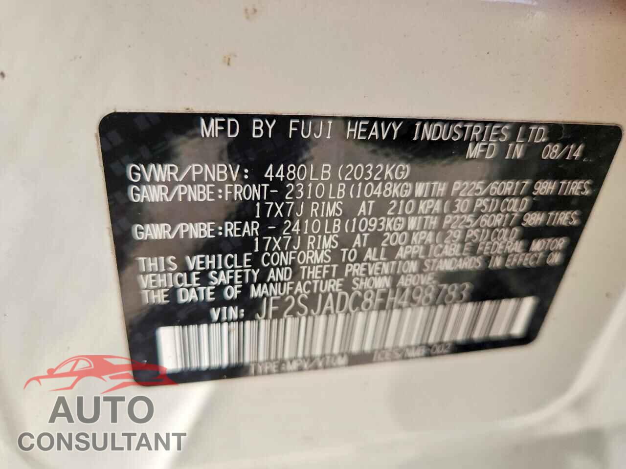 SUBARU FORESTER 2015 - JF2SJADC8FH498783