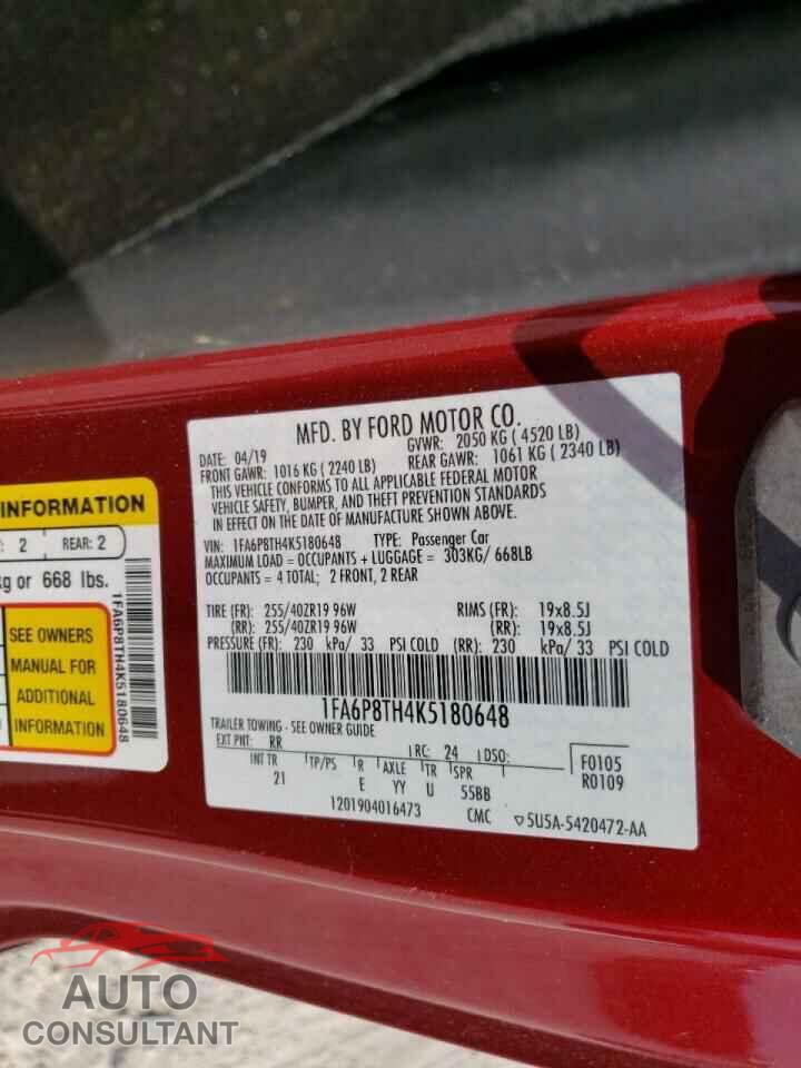 FORD MUSTANG 2019 - 1FA6P8TH4K5180648
