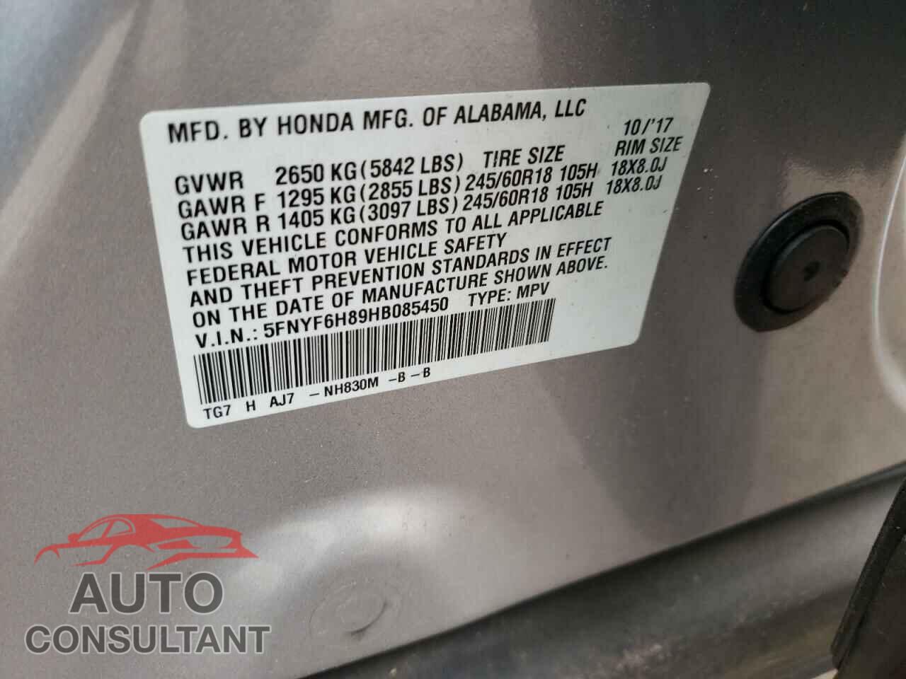 HONDA PILOT 2017 - 5FNYF6H89HB085450