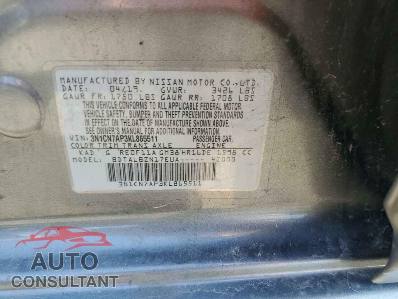 NISSAN VERSA 2019 - 3N1CN7AP3KL865511