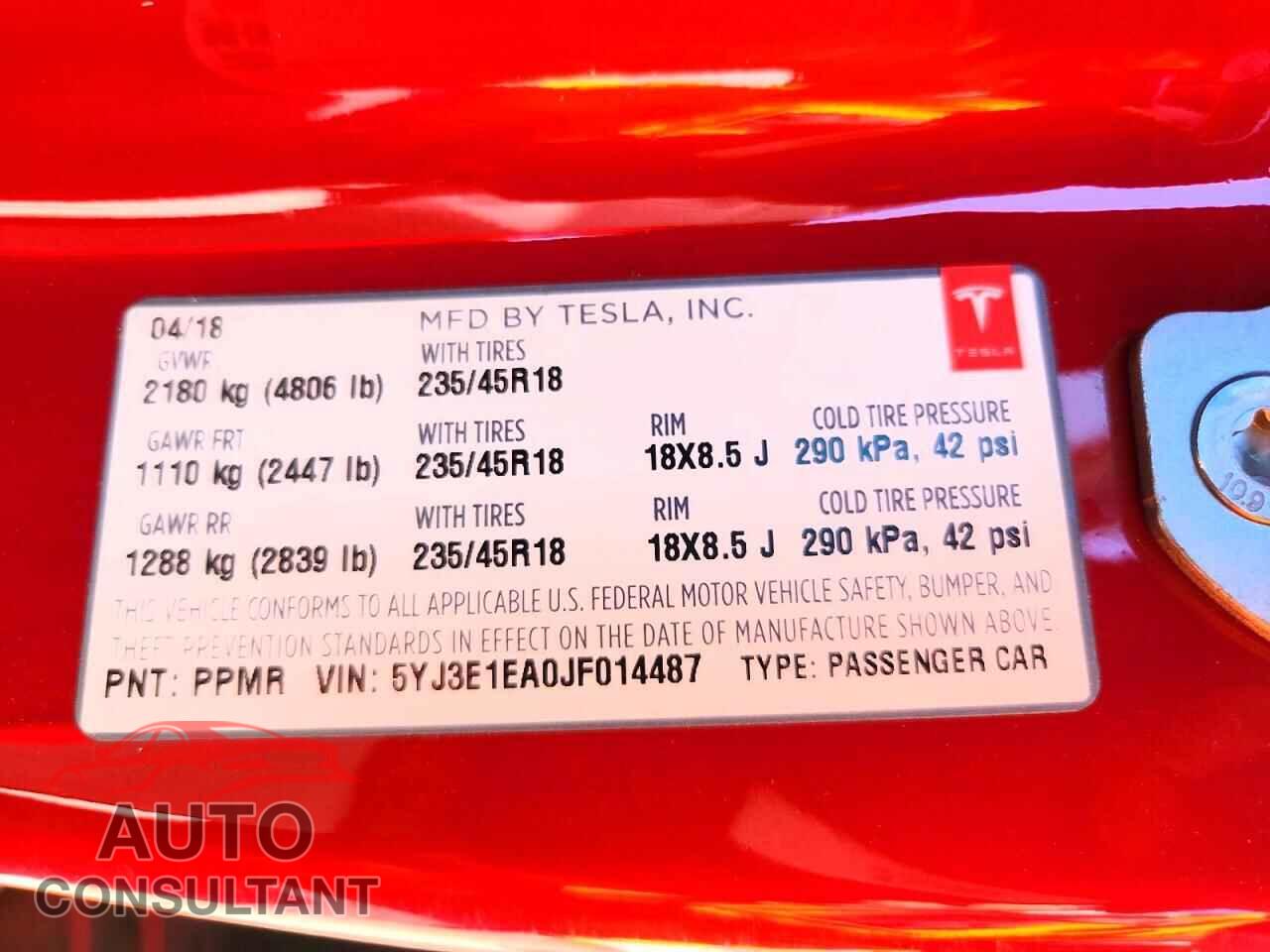 TESLA MODEL 3 2018 - 5YJ3E1EA0JF014487