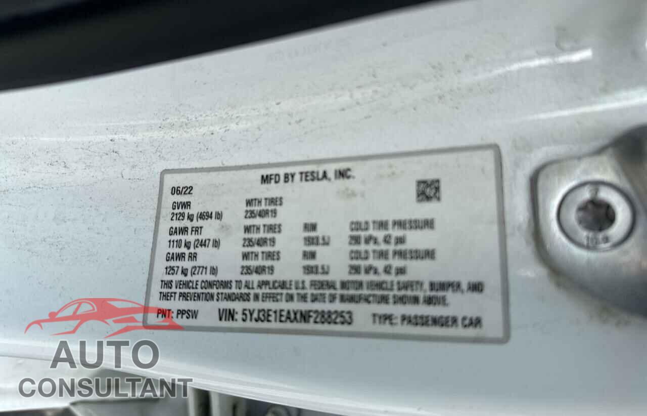 TESLA MODEL 3 2022 - 5YJ3E1EAXNF288253