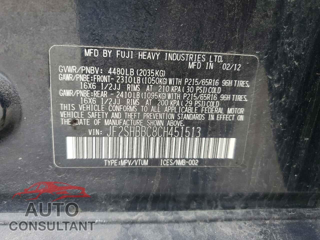 SUBARU FORESTER 2012 - JF2SHBBC8CH451513