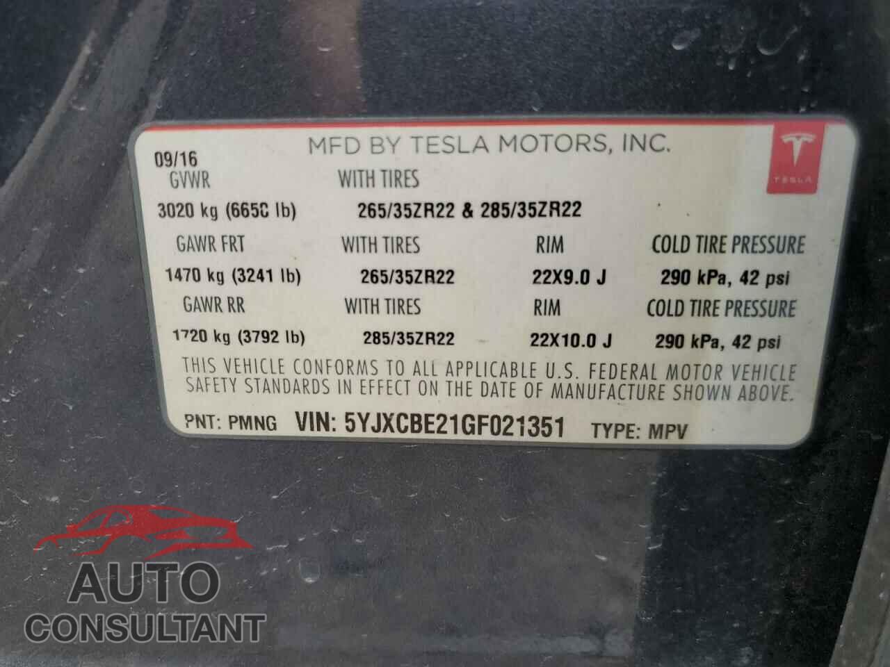 TESLA MODEL X 2016 - 5YJXCBE21GF021351