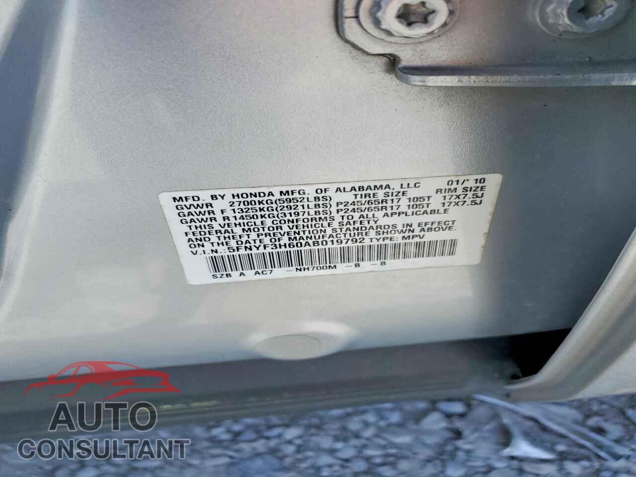 HONDA PILOT 2010 - 5FNYF3H60AB019792