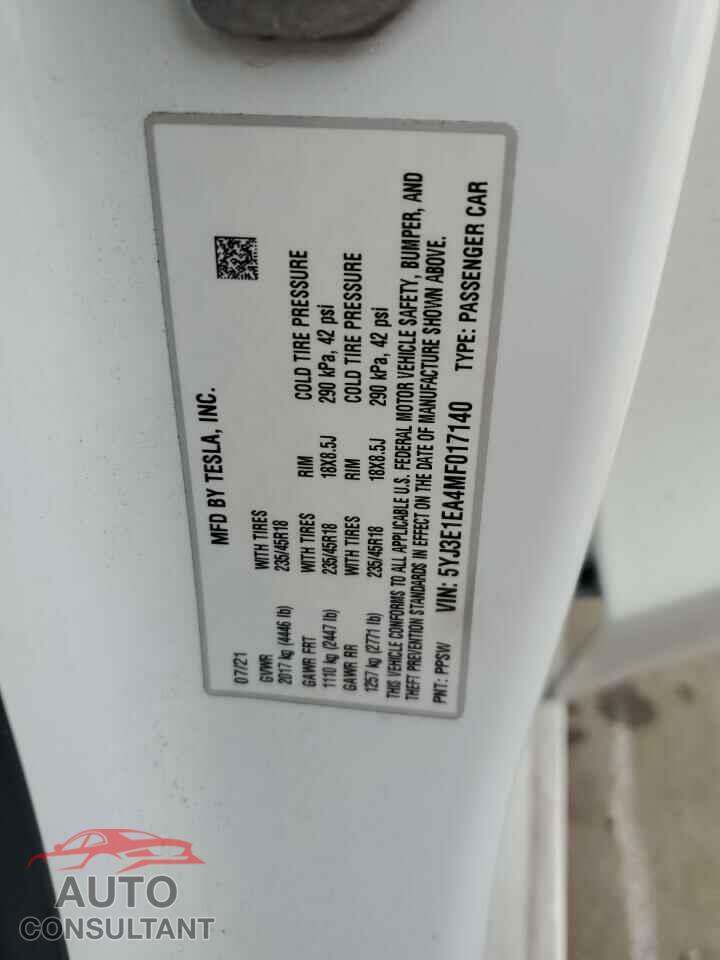 TESLA MODEL 3 2021 - 5YJ3E1EA4MF017140