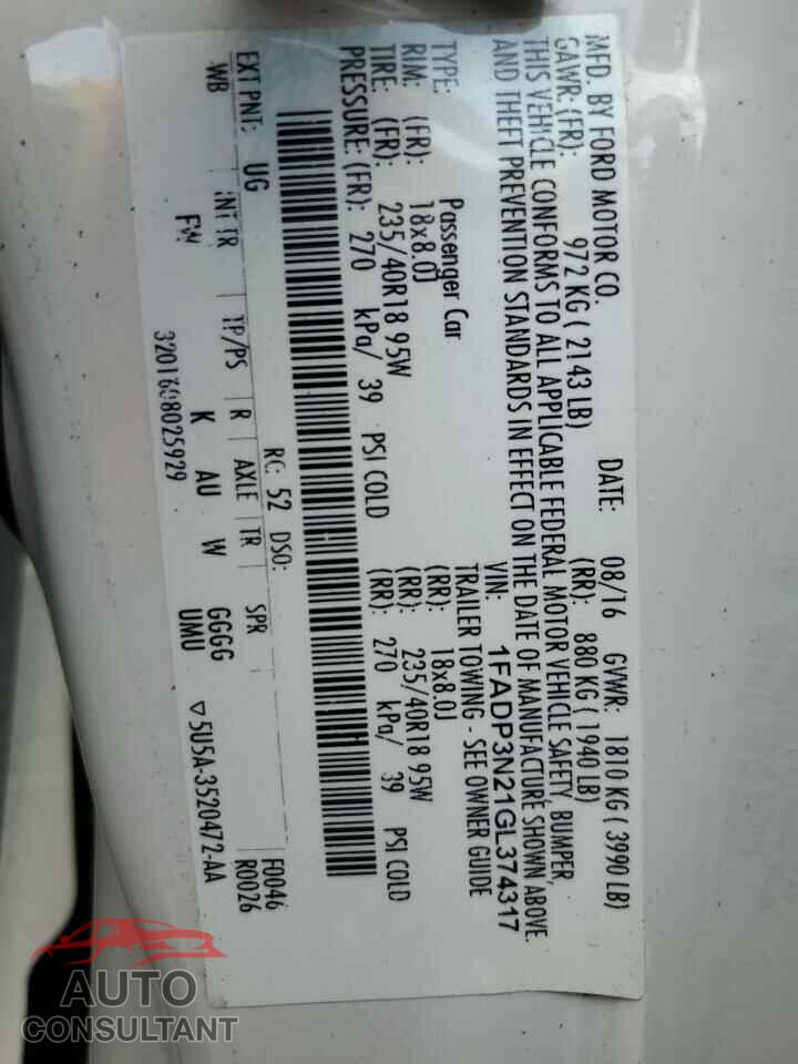 FORD FOCUS 2016 - 1FADP3N21GL374317