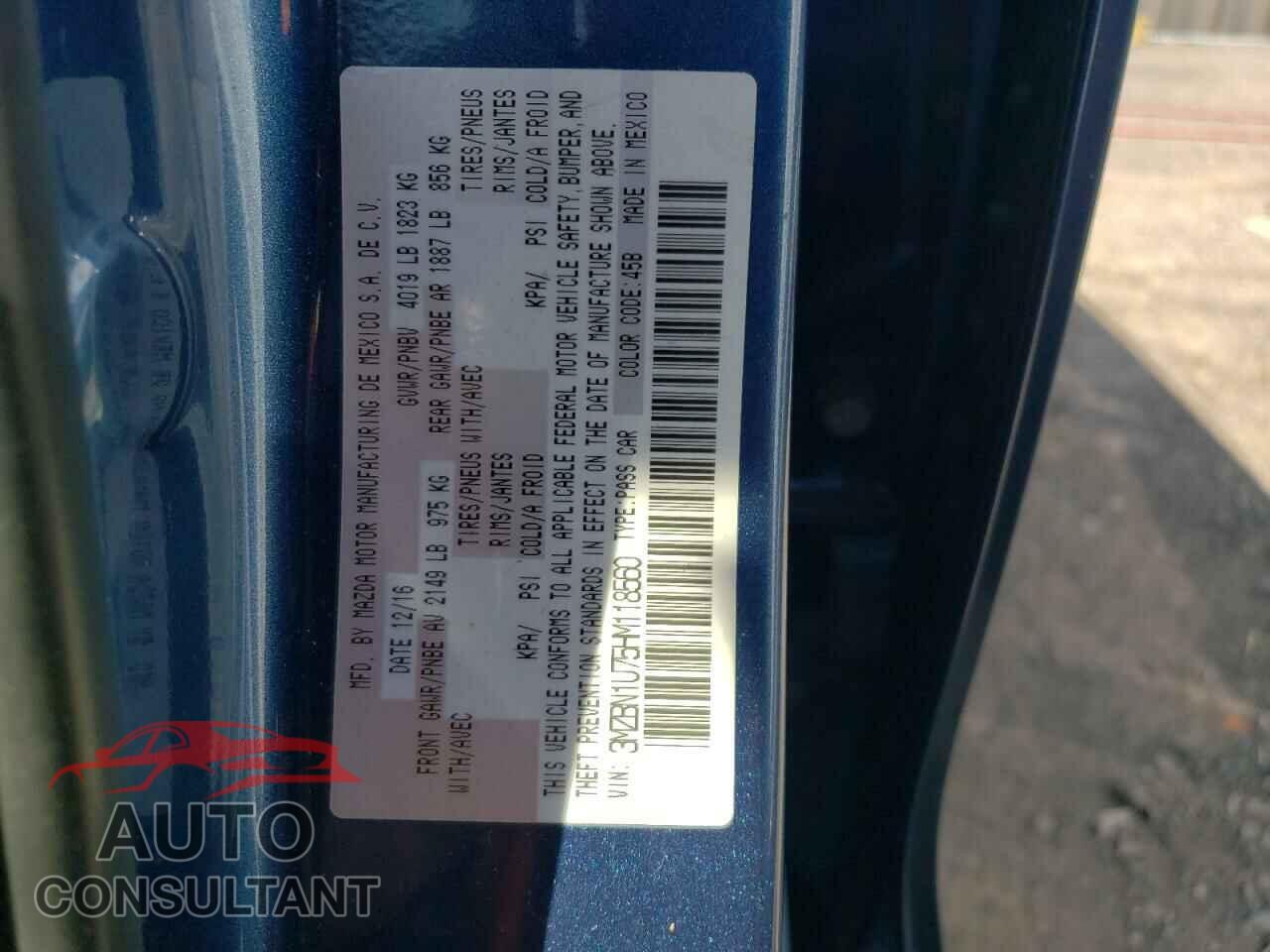 MAZDA 3 2017 - 3MZBN1U75HM118560