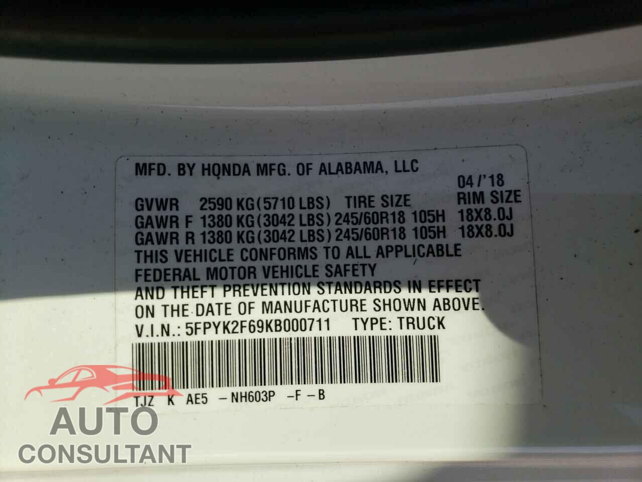 HONDA RIDGELINE 2019 - 5FPYK2F69KB000711