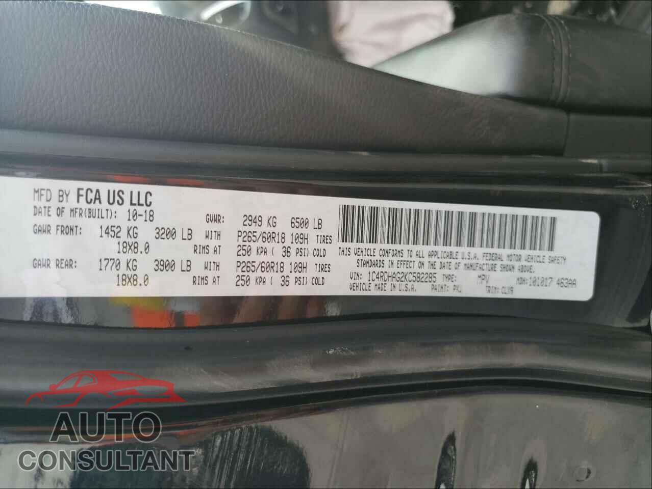 DODGE DURANGO 2019 - 1C4RDHAG2KC582285