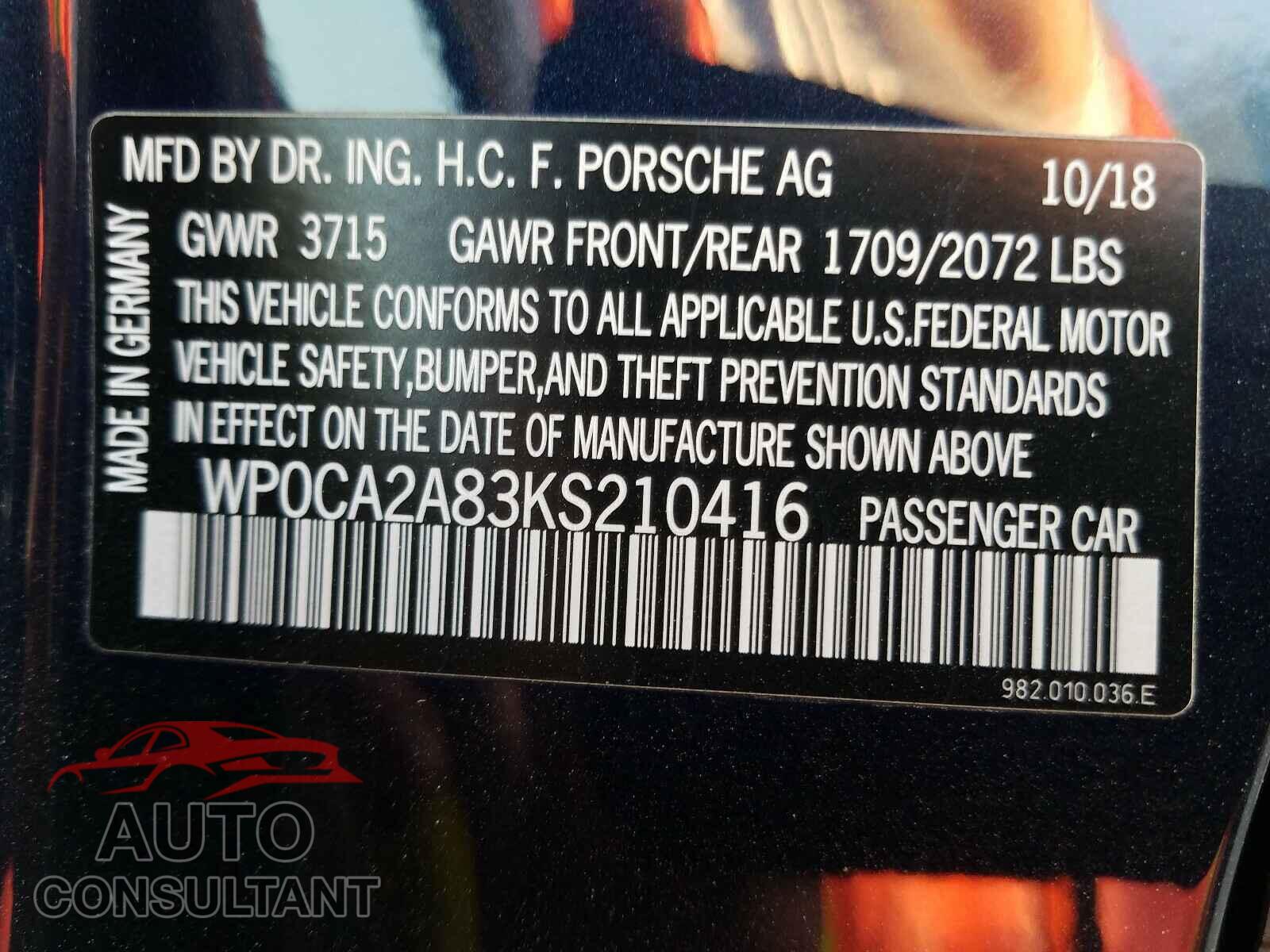 PORSCHE BOXSTER 2019 - WP0CA2A83KS210416