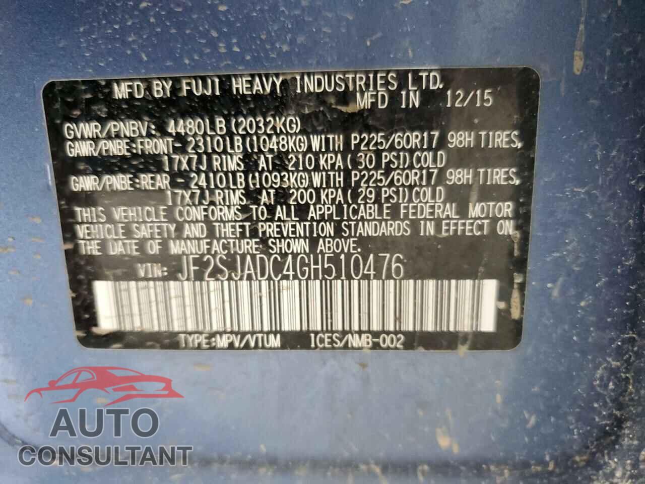 SUBARU FORESTER 2016 - JF2SJADC4GH510476