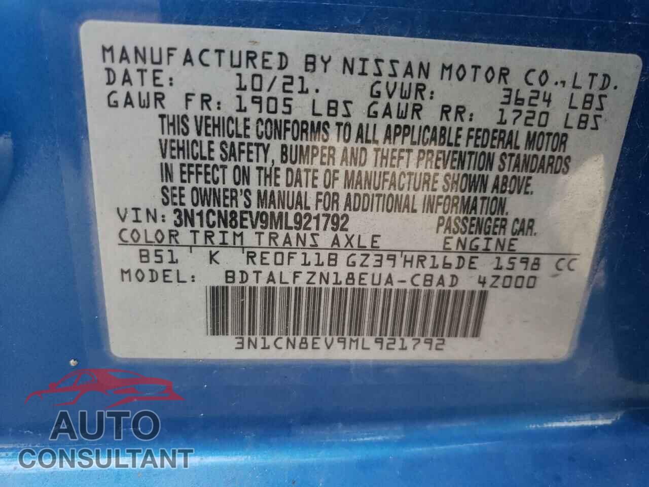 NISSAN VERSA 2021 - 3N1CN8EV9ML921792