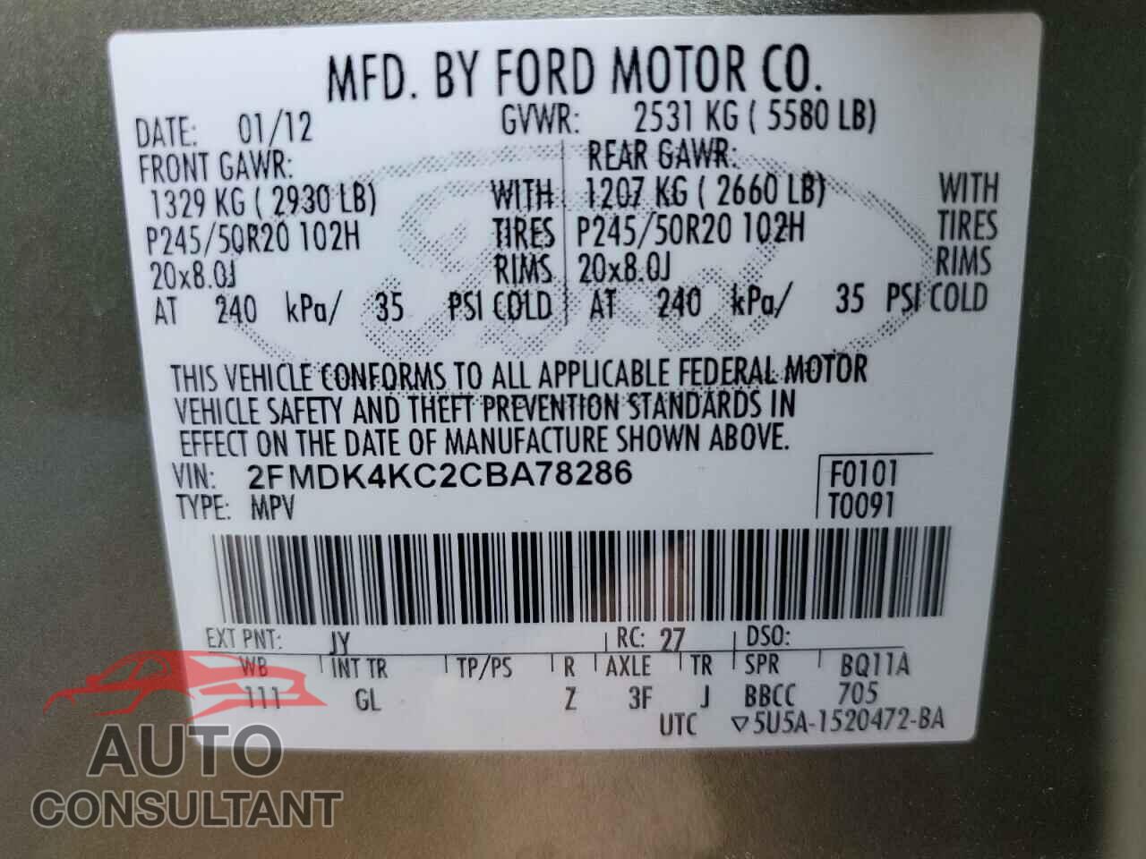 FORD EDGE 2012 - 2FMDK4KC2CBA78286