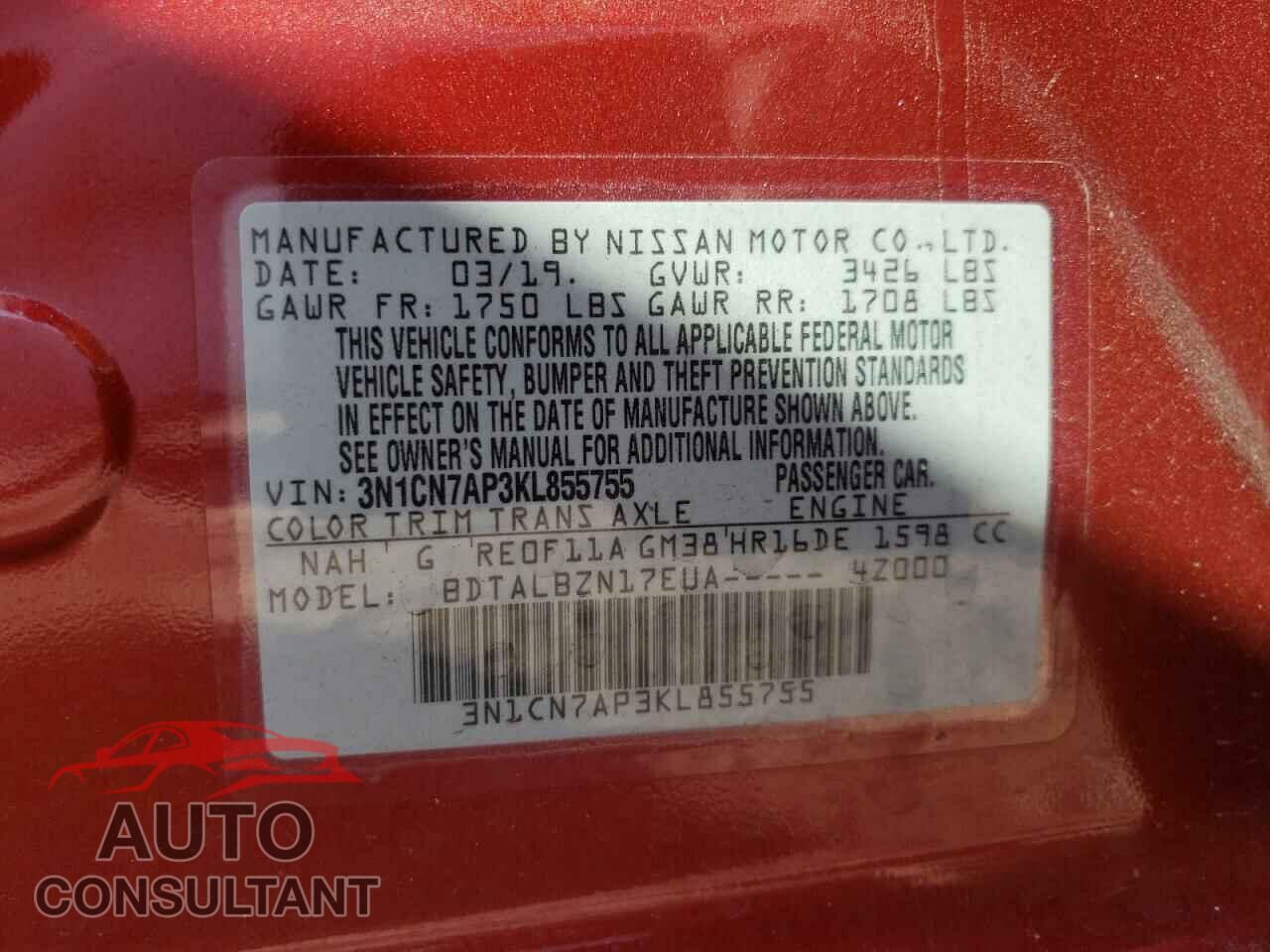 NISSAN VERSA 2019 - 3N1CN7AP3KL855755